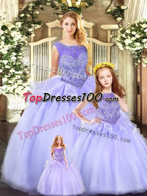 Elegant Sleeveless Tulle Floor Length Lace Up 15th Birthday Dress in Lavender with Beading