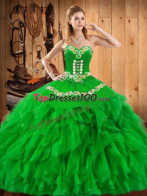 Sleeveless Floor Length Embroidery and Ruffles Lace Up Ball Gown Prom Dress with Green