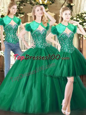 Custom Design Tulle Sweetheart Sleeveless Lace Up Beading Sweet 16 Quinceanera Dress in Green