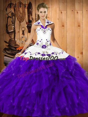 Best Selling Purple Ball Gowns Satin and Organza Halter Top Sleeveless Embroidery and Ruffles Floor Length Lace Up 15th Birthday Dress
