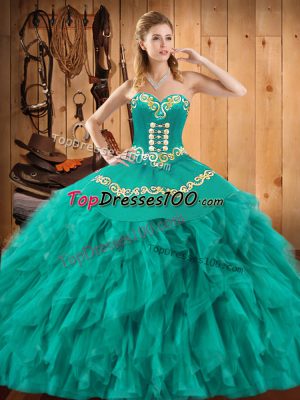 Satin and Organza Sleeveless Floor Length Sweet 16 Dresses and Embroidery and Ruffles