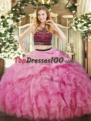 Inexpensive Floor Length Rose Pink Sweet 16 Dress Halter Top Sleeveless Zipper