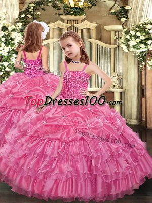 Floor Length Ball Gowns Sleeveless Rose Pink Child Pageant Dress Lace Up
