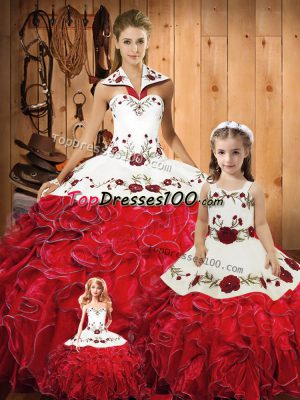 Stunning Halter Top Sleeveless Tulle Sweet 16 Dress Embroidery and Ruffles Lace Up