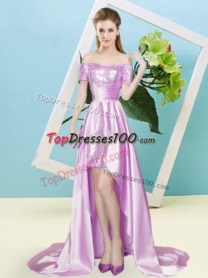Off The Shoulder Short Sleeves Zipper Prom Gown Lilac Elastic Woven Satin and Sequined