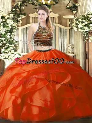 Modest Beading and Ruffles Ball Gown Prom Dress Orange Red Zipper Sleeveless Floor Length