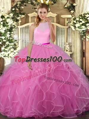 Fancy Rose Pink Ball Gowns Scoop Sleeveless Tulle Floor Length Backless Beading and Ruffles 15 Quinceanera Dress