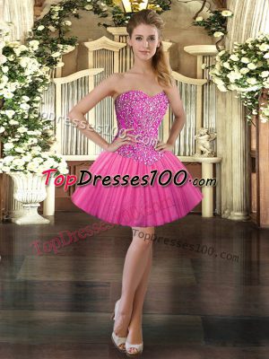 Amazing Hot Pink Tulle Lace Up Prom Evening Gown Sleeveless Mini Length Beading