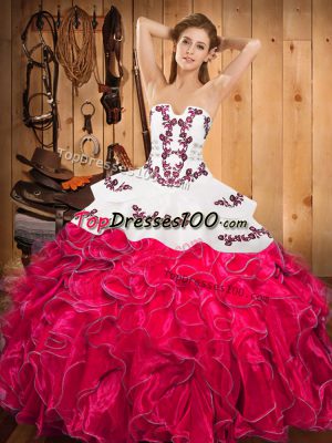 Hot Pink Lace Up Strapless Embroidery and Ruffles 15th Birthday Dress Satin and Organza Sleeveless