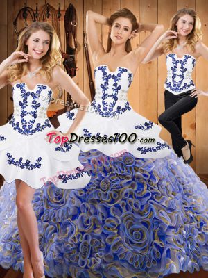 Discount Multi-color Three Pieces Strapless Sleeveless Satin and Fabric With Rolling Flowers With Train Sweep Train Lace Up Embroidery Sweet 16 Dress