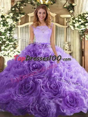 Lavender Sleeveless Fabric With Rolling Flowers Zipper Ball Gown Prom Dress for Sweet 16 and Quinceanera