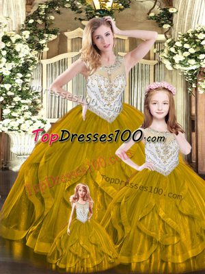 Cute Brown Lace Up Scoop Beading and Ruffles Quinceanera Dress Tulle Sleeveless