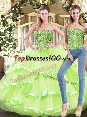 Pretty Floor Length Lace Up Quinceanera Gowns Yellow Green for Military Ball and Sweet 16 and Quinceanera with Beading and Ruffled Layers