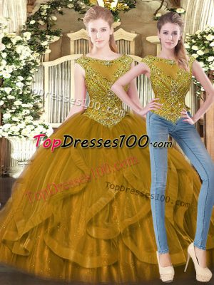 Brown Ball Gowns Tulle Scoop Sleeveless Beading and Ruffles Floor Length Zipper 15th Birthday Dress
