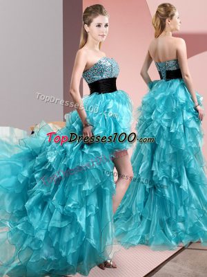 High Low Aqua Blue Prom Gown Organza Sleeveless Beading and Ruffles