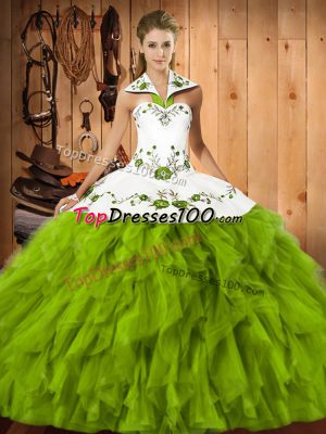 Olive Green Satin and Organza Lace Up Halter Top Sleeveless Floor Length Sweet 16 Dress Embroidery and Ruffles