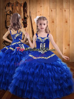 Beautiful Royal Blue Lace Up Little Girls Pageant Gowns Embroidery and Ruffled Layers Sleeveless Floor Length