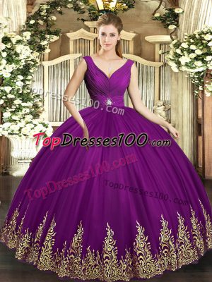Sexy Eggplant Purple Sleeveless Floor Length Beading and Appliques and Ruching Backless Quince Ball Gowns