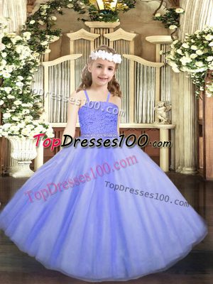 Dramatic Lavender Ball Gowns Tulle Straps Sleeveless Beading and Lace Floor Length Zipper Pageant Gowns For Girls