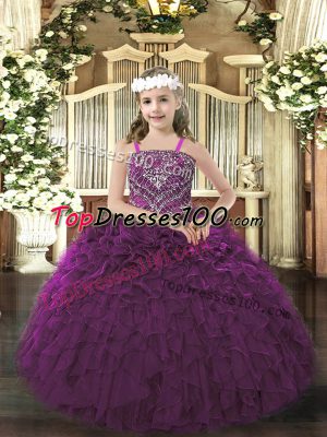 Dark Purple Sleeveless Floor Length Beading and Ruffles Lace Up Little Girls Pageant Gowns