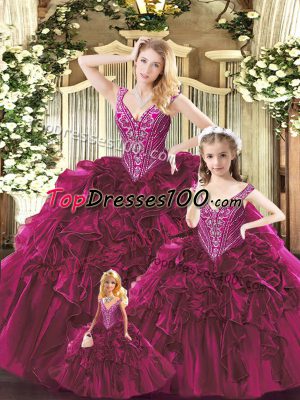 Captivating Straps Sleeveless Ball Gown Prom Dress Floor Length Beading and Ruffles Red Organza