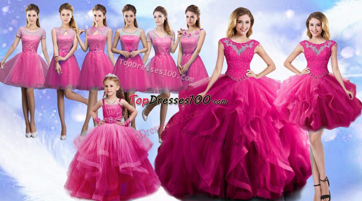 Unique Sleeveless Floor Length Beading and Ruffles Lace Up Sweet 16 Dress with Fuchsia