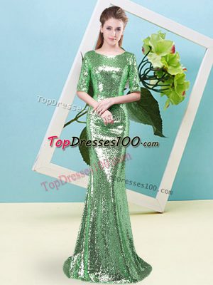 Custom Made Mermaid Prom Party Dress Green Scoop Sequined Half Sleeves Floor Length Zipper
