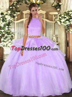 Dynamic Lavender Two Pieces Organza Halter Top Sleeveless Beading Floor Length Backless 15th Birthday Dress
