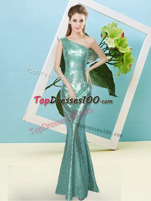 Great Floor Length Mermaid Sleeveless Apple Green Evening Dress Zipper