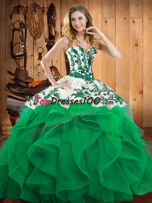 Low Price Sleeveless Satin and Organza Floor Length Lace Up Sweet 16 Dresses in Turquoise with Embroidery and Ruffles