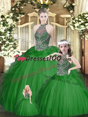 Low Price Green Sleeveless Floor Length Beading and Ruffles Lace Up Sweet 16 Quinceanera Dress