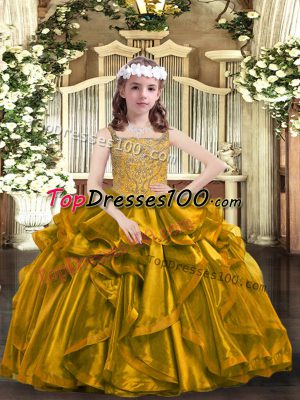 Dazzling Brown Child Pageant Dress Party and Sweet 16 and Quinceanera and Wedding Party with Beading and Ruffles Straps Sleeveless Lace Up