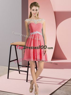 Watermelon Red Lace Up Scoop Beading Prom Dresses Chiffon Cap Sleeves