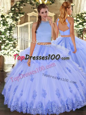 Pretty Light Blue Backless Halter Top Beading and Appliques and Ruffles Sweet 16 Dress Tulle Sleeveless