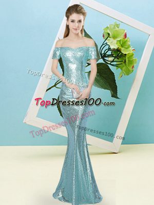 Sequined Off The Shoulder Short Sleeves Zipper Sequins Prom Party Dress in Aqua Blue