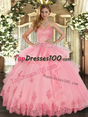 Nice Watermelon Red Tulle Lace Up Sweet 16 Dress Sleeveless Floor Length Beading and Appliques and Ruffles