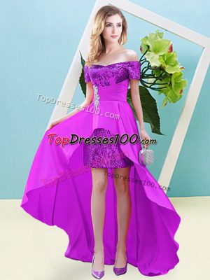 Empire Evening Dress Fuchsia Off The Shoulder Elastic Woven Satin and Sequined Short Sleeves High Low Lace Up