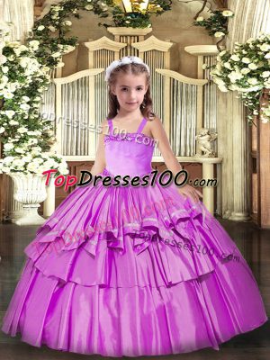 Lilac Lace Up Kids Formal Wear Appliques and Ruffled Layers Sleeveless Floor Length