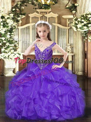 Trendy Sleeveless Organza Floor Length Lace Up Party Dress for Girls in Lavender with Beading and Ruffles