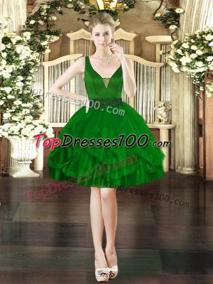 Pretty Sleeveless Mini Length Beading and Ruffles Lace Up Homecoming Dress with Dark Green