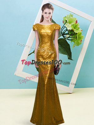 Gold Sequined Zipper Scoop Cap Sleeves Floor Length Prom Dresses Sequins