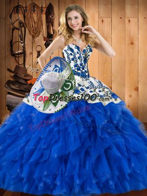 Charming Blue Ball Gowns Embroidery and Ruffles Ball Gown Prom Dress Lace Up Satin and Organza Sleeveless Floor Length