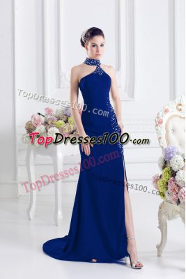 Nice Royal Blue Elastic Woven Satin Lace Up Prom Dresses Sleeveless Sweep Train Beading