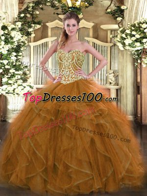 Custom Designed Sleeveless Floor Length Beading Lace Up 15th Birthday Dress with Brown