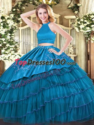 Most Popular Sleeveless Floor Length Beading and Embroidery and Ruffled Layers Backless Sweet 16 Dress with Teal
