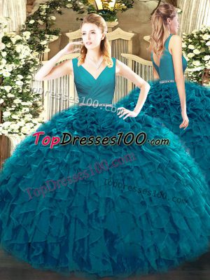 Artistic Teal Tulle Zipper V-neck Sleeveless Floor Length Quinceanera Gown Beading and Ruffles