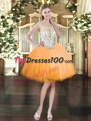Orange Tulle Zipper Scoop Sleeveless Mini Length Prom Dress Beading