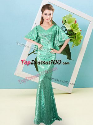 Floor Length Mermaid Half Sleeves Turquoise Dress for Prom Zipper