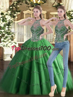 Suitable Green Tulle Lace Up High-neck Sleeveless Floor Length Quinceanera Dress Beading