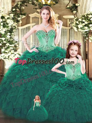 Dark Green Ball Gowns Tulle Sweetheart Sleeveless Beading and Ruffles Floor Length Lace Up Sweet 16 Quinceanera Dress